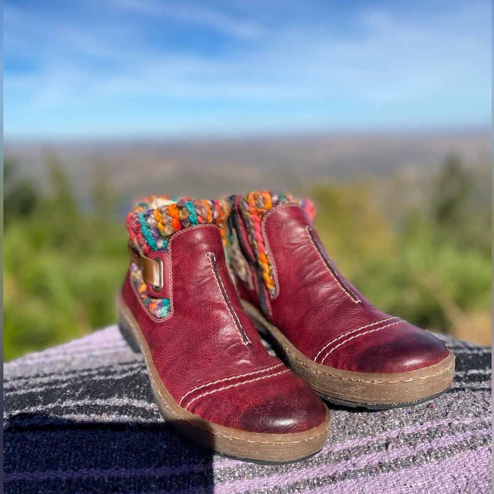 Rieker Red Ankle Boots with Multicolor Knit Trim - Picture 5 of 5